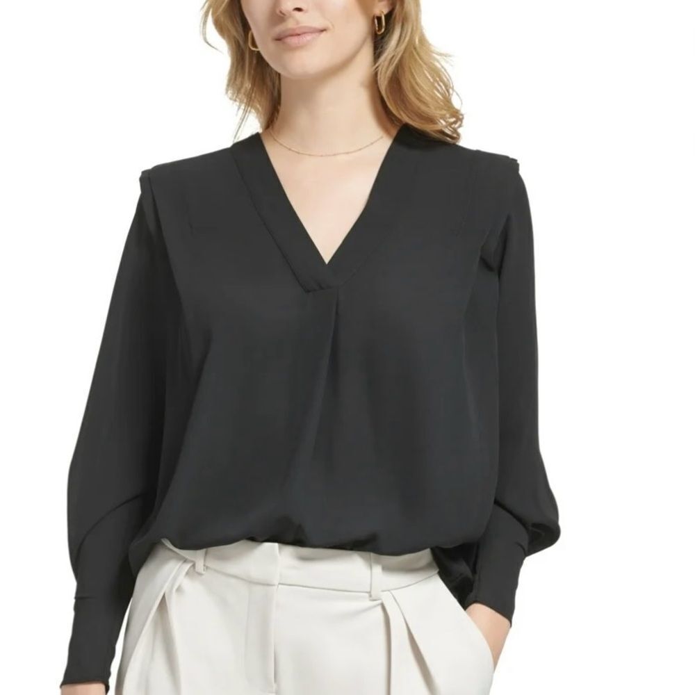 CALVIN KLEIN Women Large Fit Long Sleeve V Neck Blouse business  Black Corporate